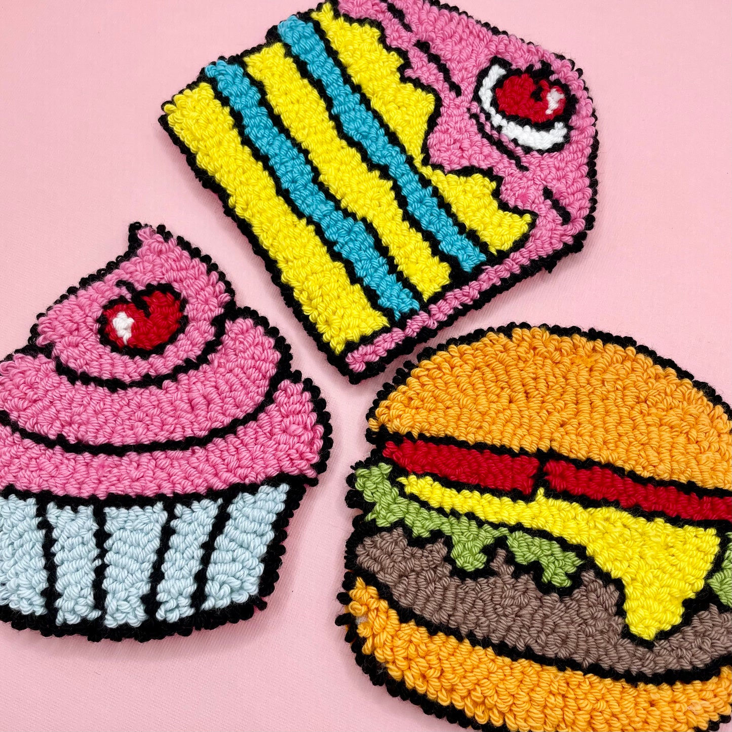 Comic Style Cupcake Mug Rug | Cute Handmade Punch Needle Coaster