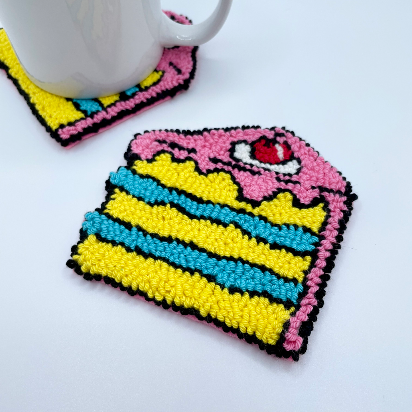 Comic Style Birthday Cake Mug Rug | Cute Handmade Punch Needle Coaster