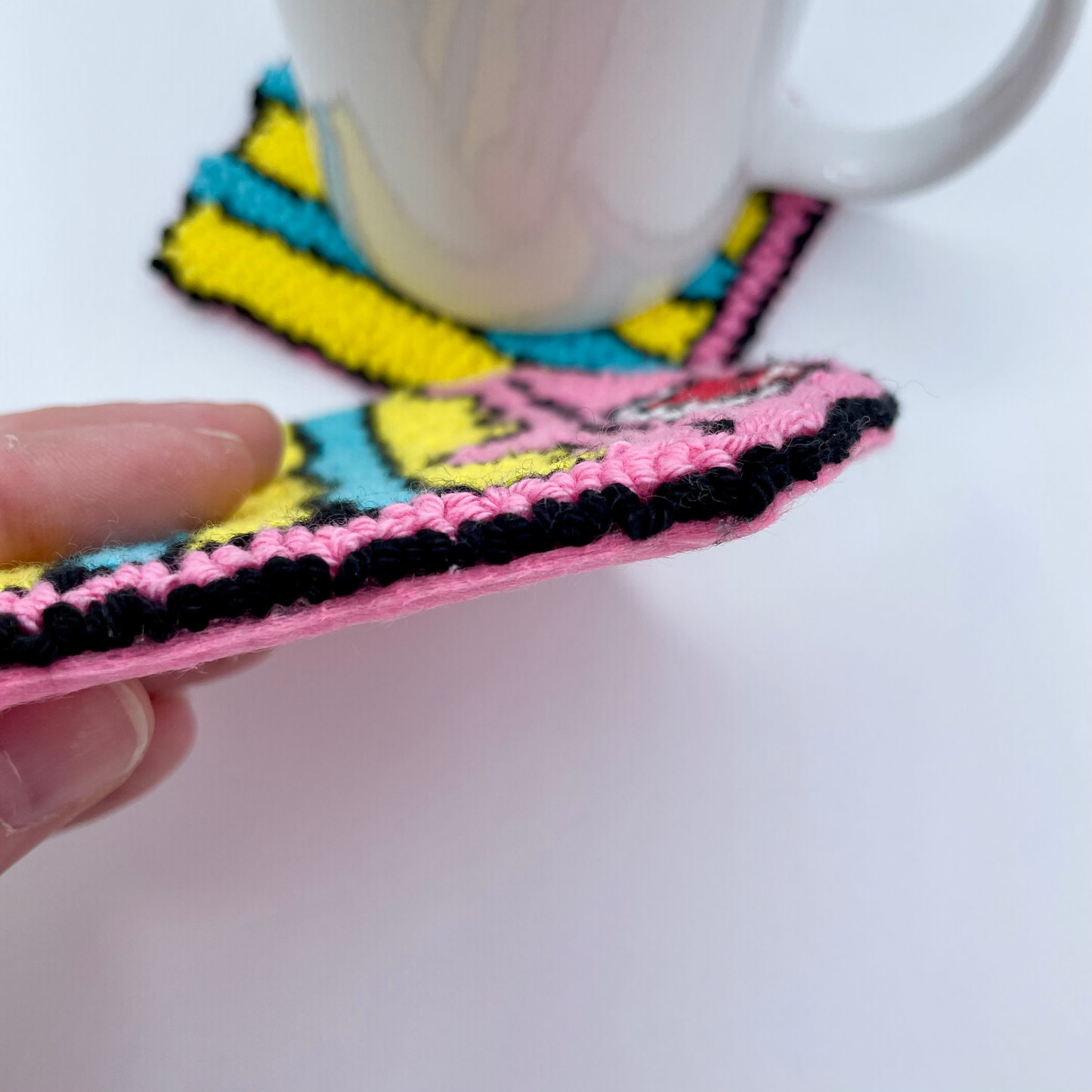 Comic Style Birthday Cake Mug Rug | Cute Handmade Punch Needle Coaster