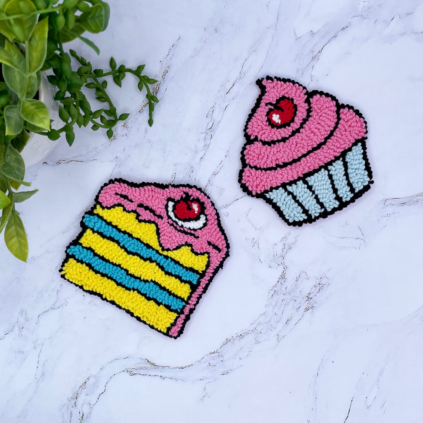 Comic Style Cupcake Mug Rug | Cute Handmade Punch Needle Coaster