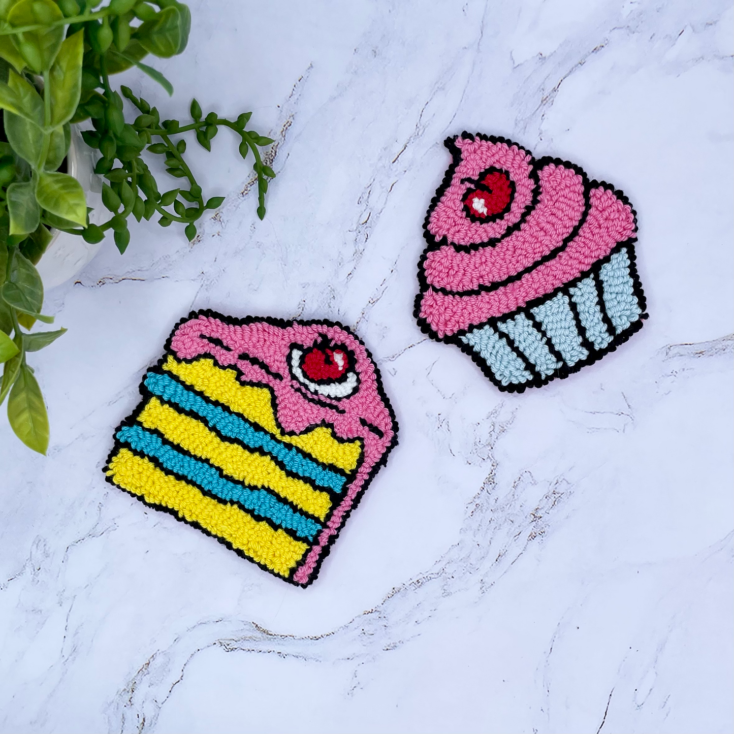 Comic Style Birthday Cake Mug Rug | Cute Handmade Punch Needle Coaster