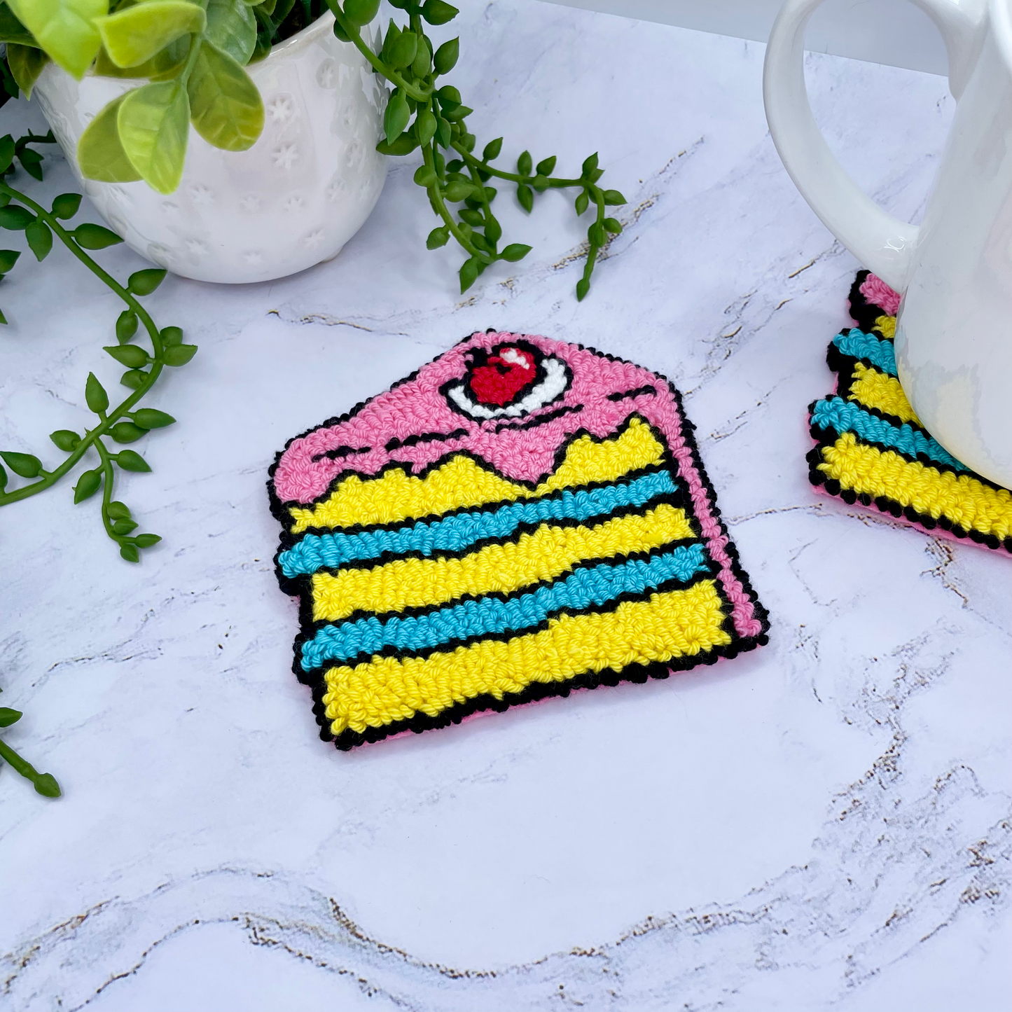 Comic Style Birthday Cake Mug Rug | Cute Handmade Punch Needle Coaster