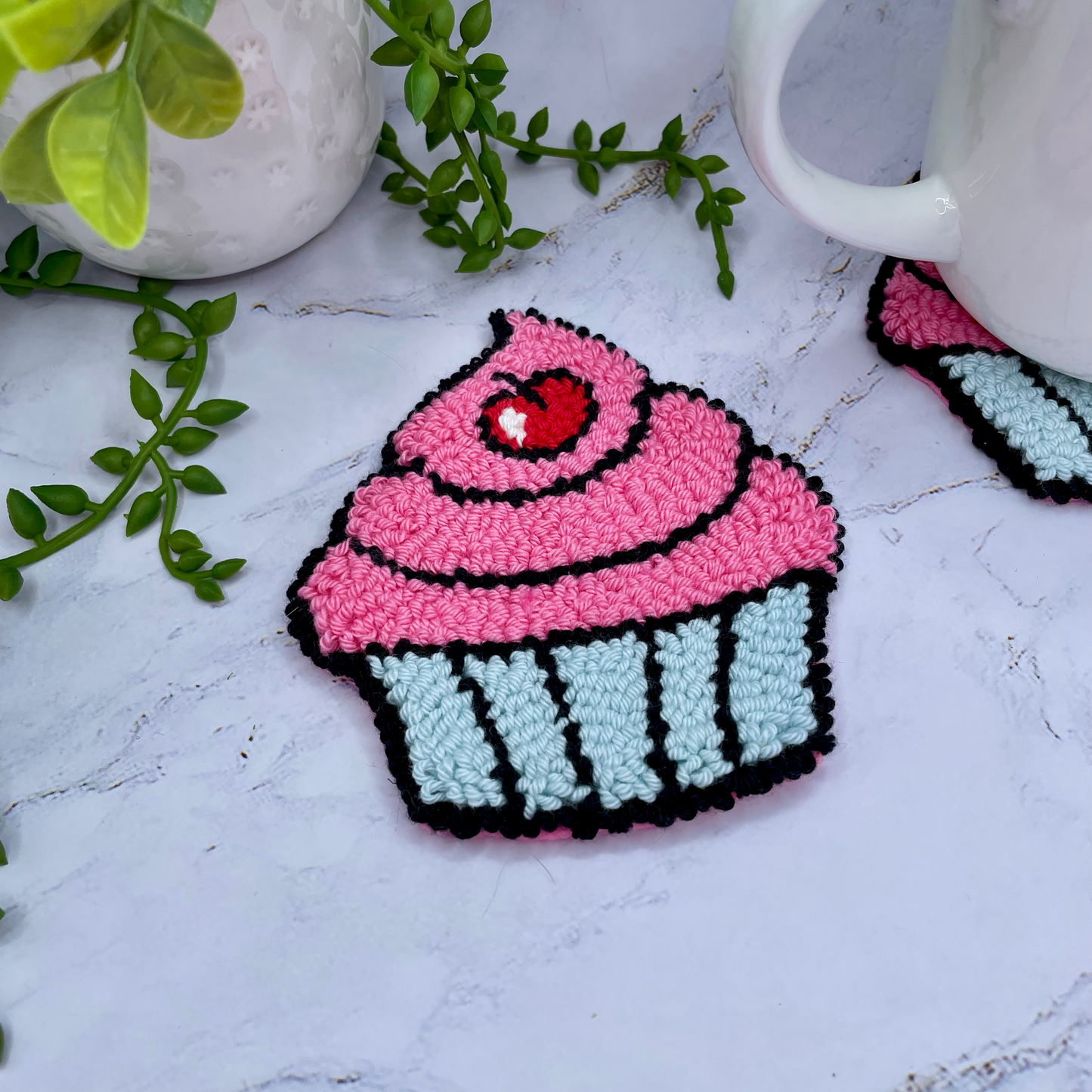 Comic Style Cupcake Mug Rug | Cute Handmade Punch Needle Coaster