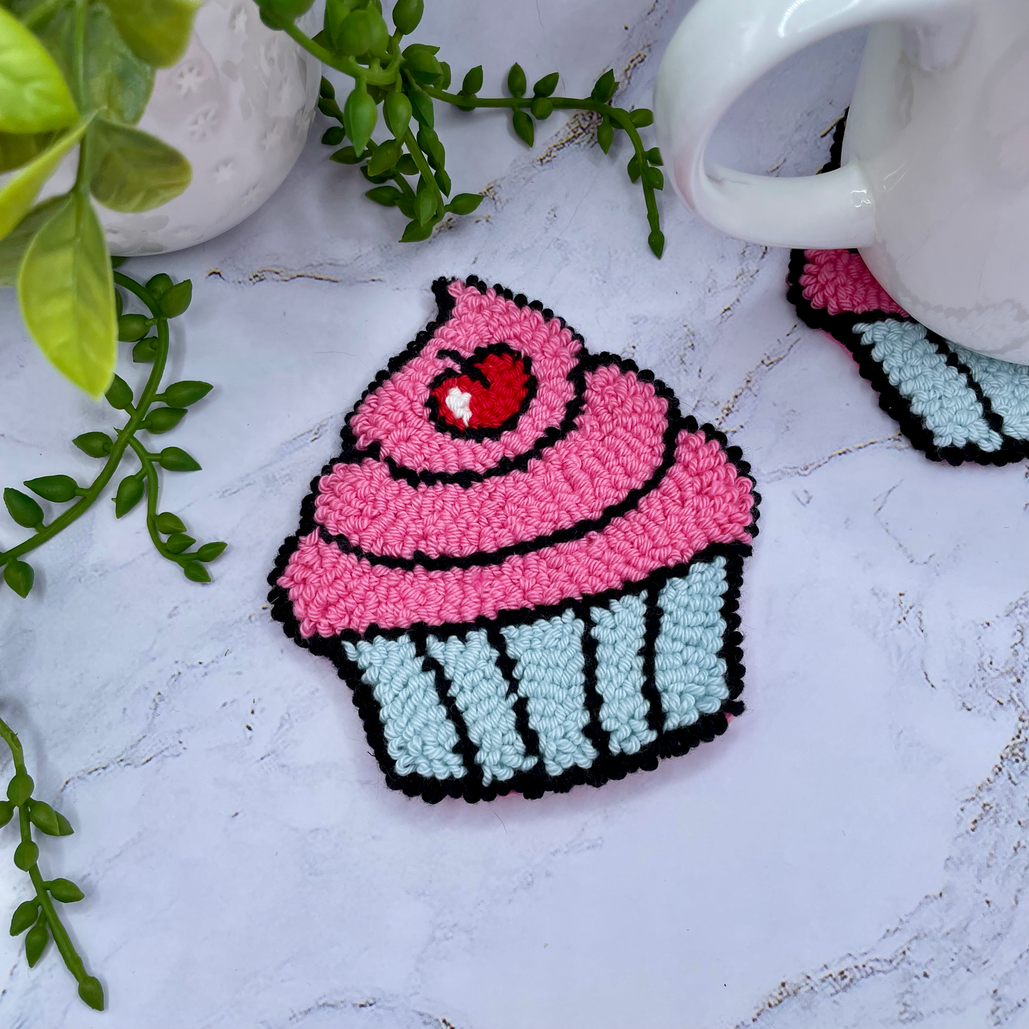 Comic Style Cupcake Mug Rug | Cute Handmade Punch Needle Coaster