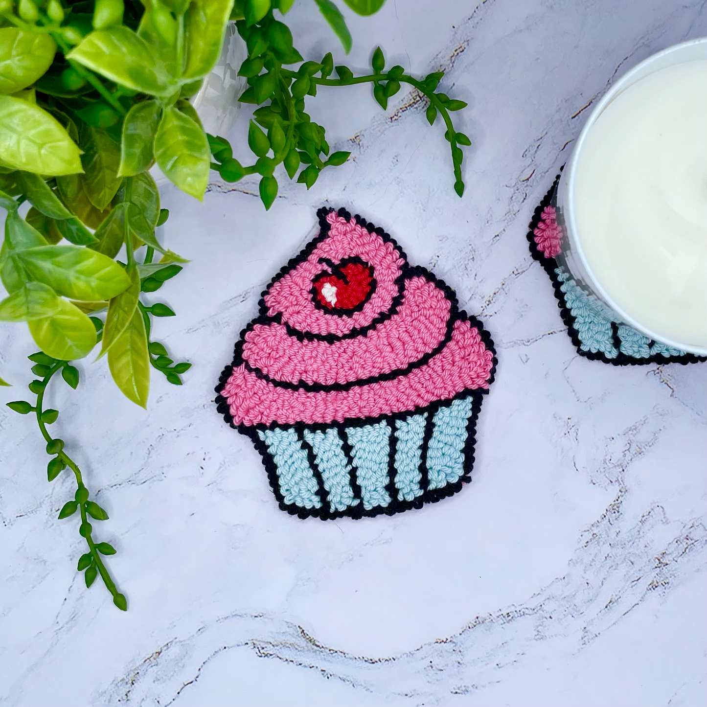 Comic Style Cupcake Mug Rug | Cute Handmade Punch Needle Coaster