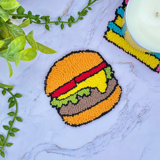 Comic Style Cheeseburger Mug Rug | Cute Handmade Punch Needle Coaster