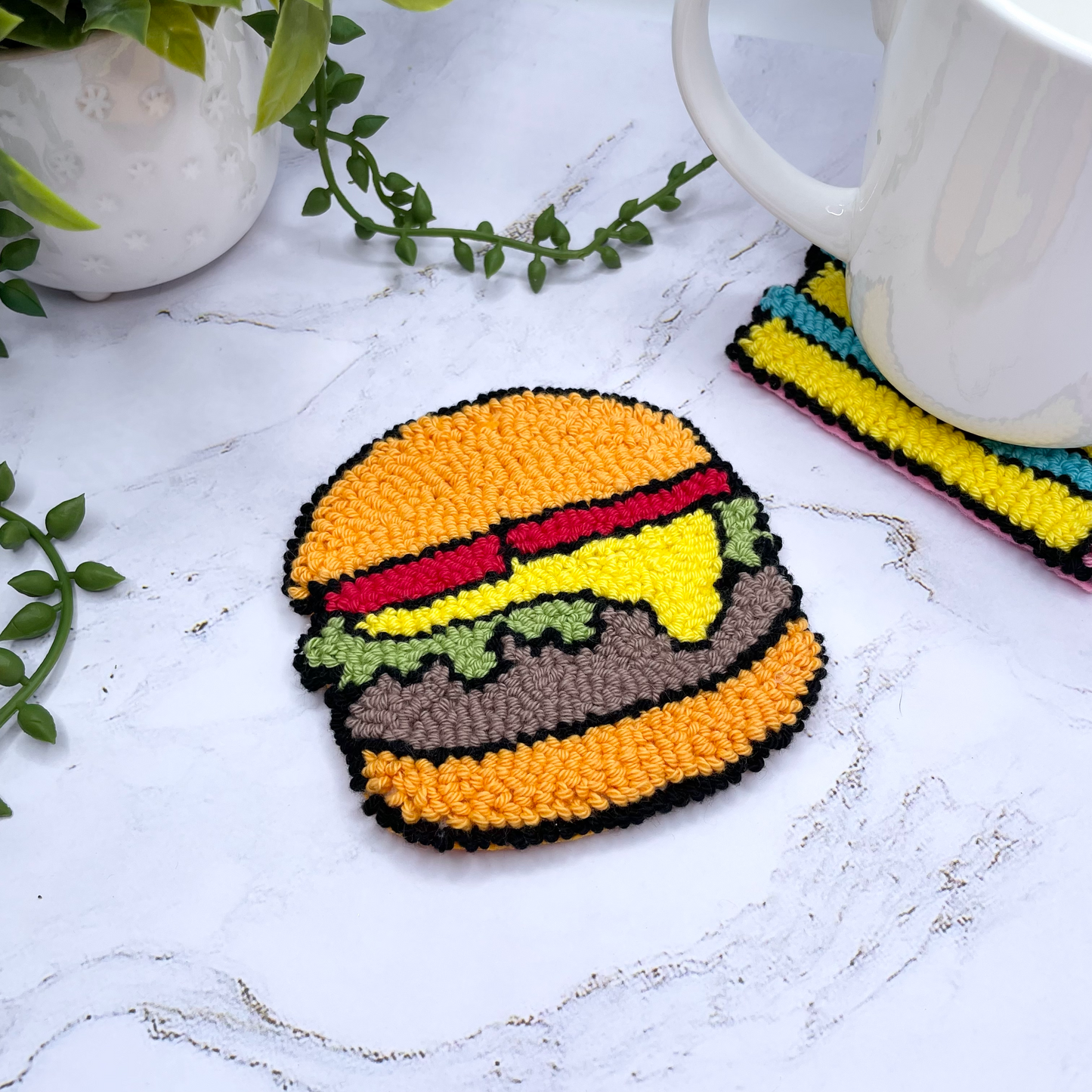 Comic Style Cheeseburger Mug Rug | Cute Handmade Punch Needle Coaster