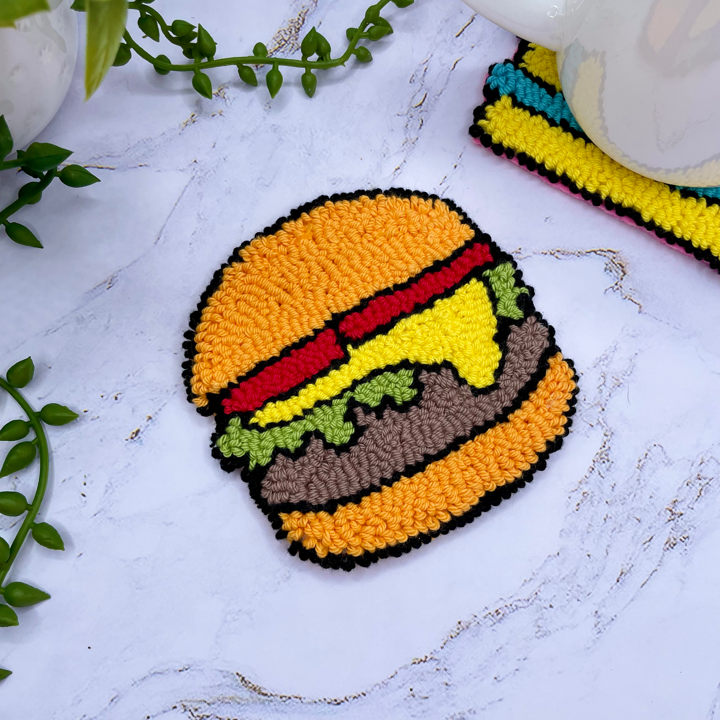 Comic Style Cheeseburger Mug Rug | Cute Handmade Punch Needle Coaster