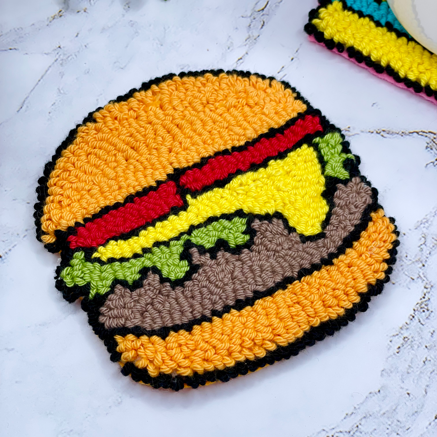 Comic Style Cheeseburger Mug Rug | Cute Handmade Punch Needle Coaster